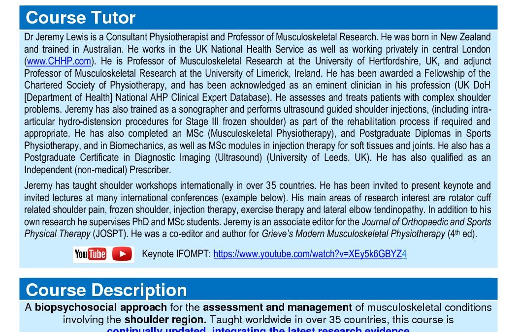 The Schoulder: theory & practice – Prof Jeremy Lewis