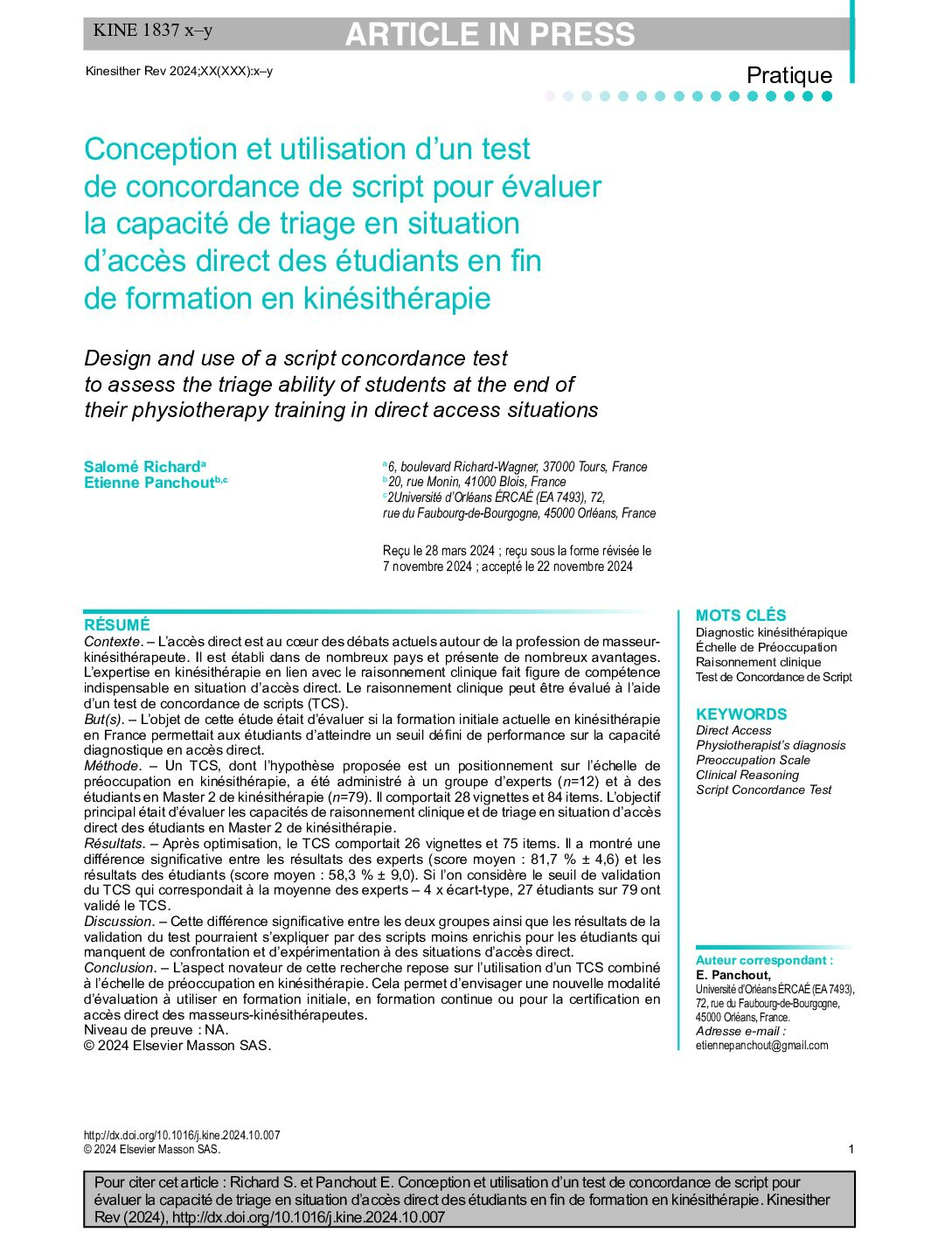 Etienne Panchout article 2024 conception et utilisation d'un test de concordance de script